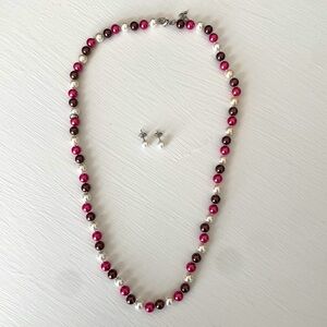 Freshwater Cultured Pearls Red Pink Bronze Necklace Earrings Set New Valentine's
